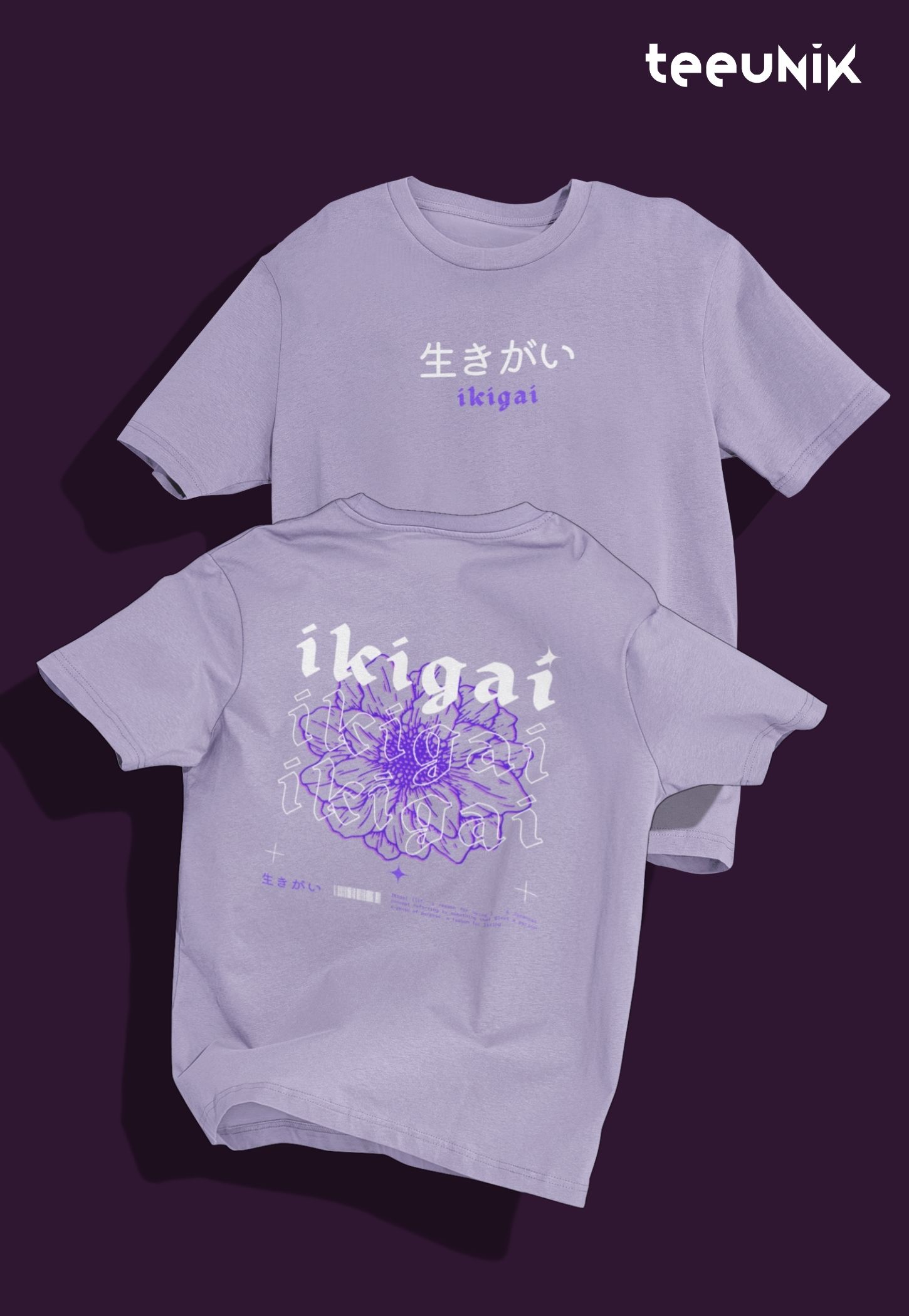teeunik ikigai t-shirt tee back and front print lavender