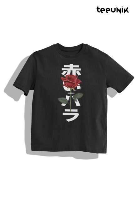 a black tshirt from teeunik brand that features a front print of a red rose and kanji text that read "Akaibara" meaning red rose.