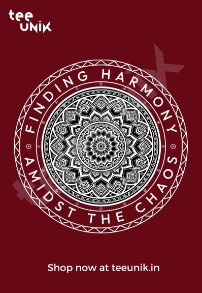 Maroon hoodie with the text "Finding Harmony, Amidst the Chaos" and a central mandala design