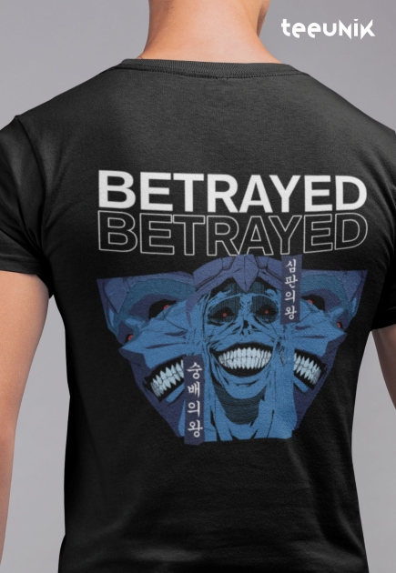 Back view of the anime t-shirt, displaying a "Betrayed" graphic with sinister blue skulls and Korean text