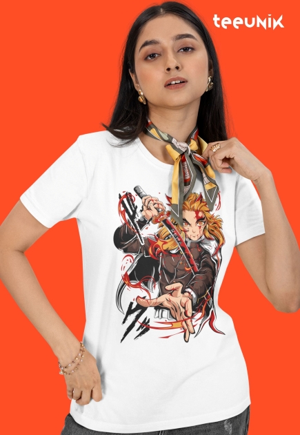 White t-shirt featuring Demon Slayer’s Flame Hashira Rengoku in a fiery battle pose with detailed artwork.
