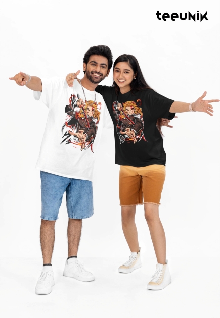 White oversized t-shirt featuring Demon Slayer’s Flame Hashira Rengoku in a fiery battle pose with detailed artwork.