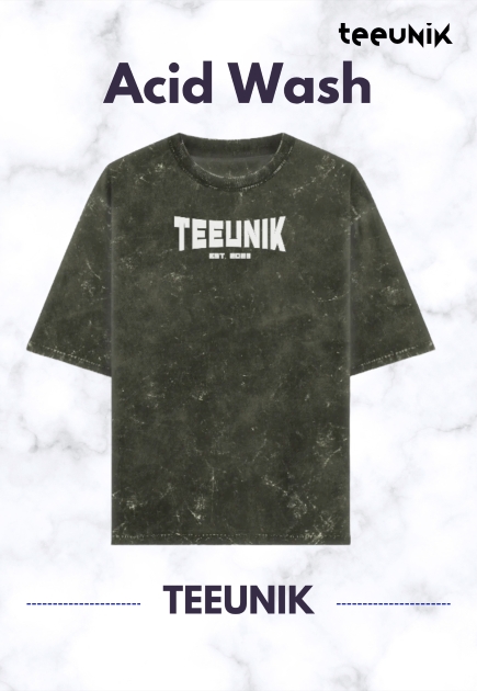 A bottle green acid-wash streetwear t-shirt featuring a dropped shoulder design, relaxed fit, and the white TEEUNIK EST. 2023 logo.